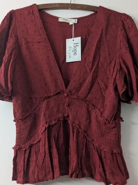 Hope by Pinky Red Textured V-Neck Blouse